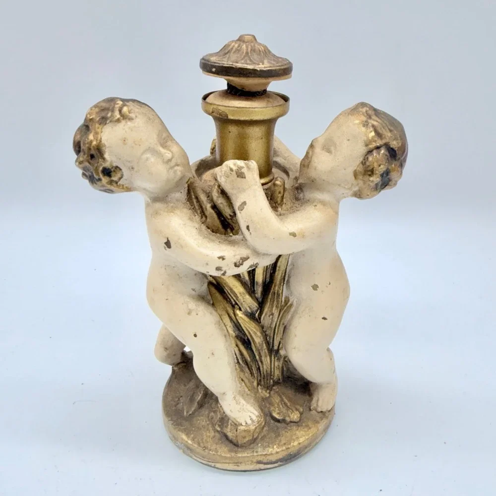 Vintage Cherub Putti Figural Lamp Base Finial Gold Cream Antique Style 4.75